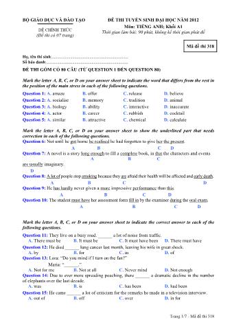 Đề thi tuyển sinh Đại học môn Tiếng Anh - Khối A1 - Mã đề: 318 - Năm học 2012 (Có đáp án)