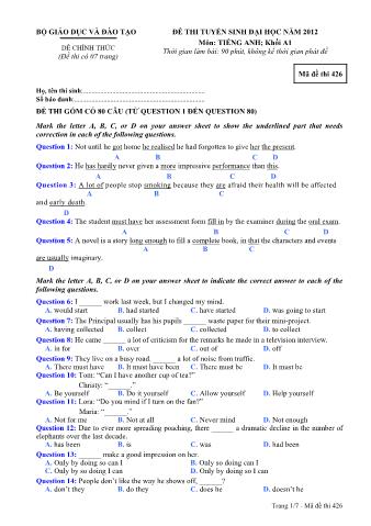 Đề thi tuyển sinh Đại học môn Tiếng Anh - Khối A1 - Mã đề: 426 - Năm học 2012 (Có đáp án)