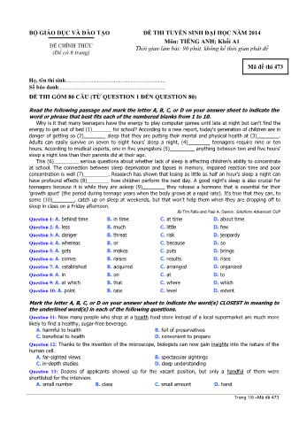 Đề thi tuyển sinh Đại học môn Tiếng Anh - Khối A1 - Mã đề: 473 - Năm học 2014 (Có đáp án)