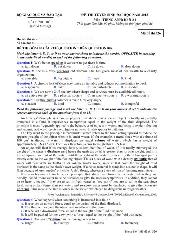 Đề thi tuyển sinh Đại học môn Tiếng Anh - Khối A1 - Mã đề: 526 - Năm học 2013 (Có đáp án)