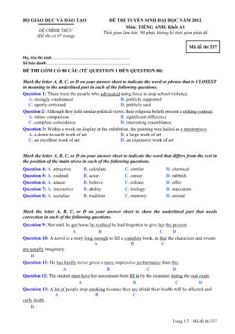 Đề thi tuyển sinh Đại học môn Tiếng Anh - Khối A1 - Mã đề: 537 - Năm học 2012 (Có đáp án)