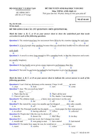 Đề thi tuyển sinh Đại học môn Tiếng Anh - Khối A1 - Mã đề: 681 - Năm học 2012 (Có đáp án)