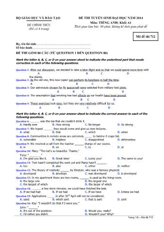 Đề thi tuyển sinh Đại học môn Tiếng Anh - Khối A1 - Mã đề: 712 - Năm học 2014 (Có đáp án)