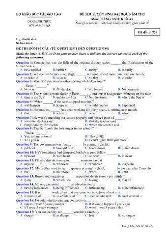 Đề thi tuyển sinh Đại học môn Tiếng Anh - Khối A1 - Mã đề: 729 - Năm học 2013 (Có đáp án)