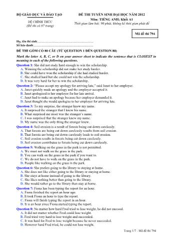 Đề thi tuyển sinh Đại học môn Tiếng Anh - Khối A1 - Mã đề: 794 - Năm học 2012 (Có đáp án)