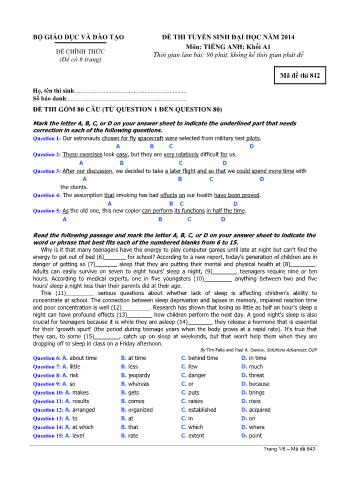 Đề thi tuyển sinh Đại học môn Tiếng Anh - Khối A1 - Mã đề: 842 - Năm học 2014 (Có đáp án)
