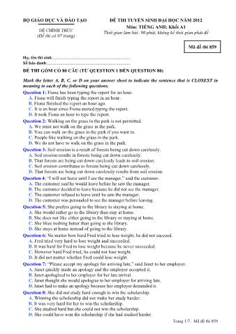 Đề thi tuyển sinh Đại học môn Tiếng Anh - Khối A1 - Mã đề: 859 - Năm học 2012 (Có đáp án)