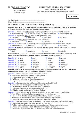 Đề thi tuyển sinh Đại học môn Tiếng Anh - Khối A1 - Mã đề: 951 - Năm học 2013 (Có đáp án)