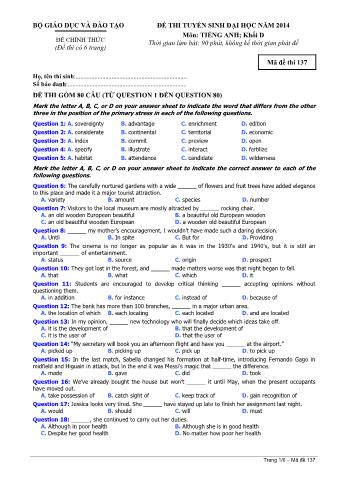 Đề thi tuyển sinh Đại học môn Tiếng Anh - Khối D - Mã đề: 137 - Năm học 2014 (Có đáp án)