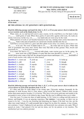 Đề thi tuyển sinh Đại học môn Tiếng Anh - Khối D - Mã đề: 184 - Năm học 2010 (Có đáp án)
