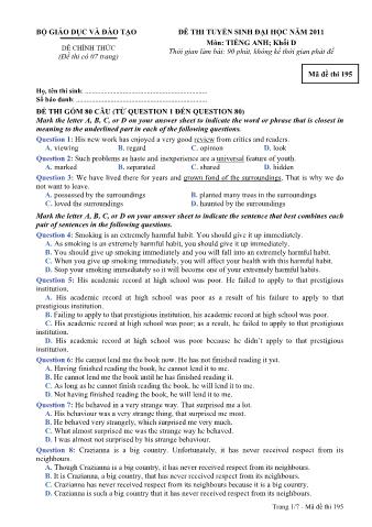 Đề thi tuyển sinh Đại học môn Tiếng Anh - Khối D - Mã đề: 195 - Năm học 2011 (Có đáp án)