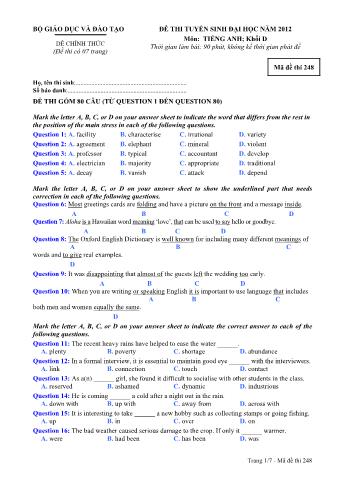 Đề thi tuyển sinh Đại học môn Tiếng Anh - Khối D - Mã đề: 248 - Năm học 2012 (Có đáp án)