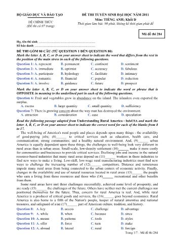 Đề thi tuyển sinh Đại học môn Tiếng Anh - Khối D - Mã đề: 284 - Năm học 2011 (Có đáp án)