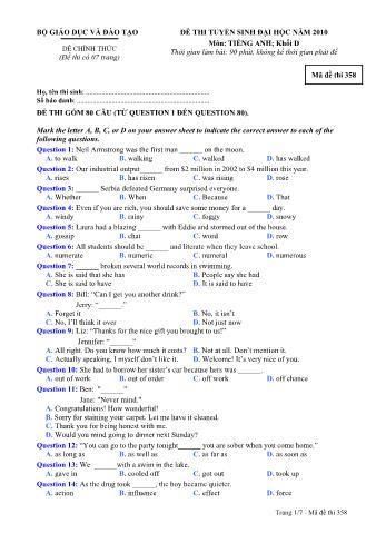 Đề thi tuyển sinh Đại học môn Tiếng Anh - Khối D - Mã đề: 358 - Năm học 2010 (Có đáp án)
