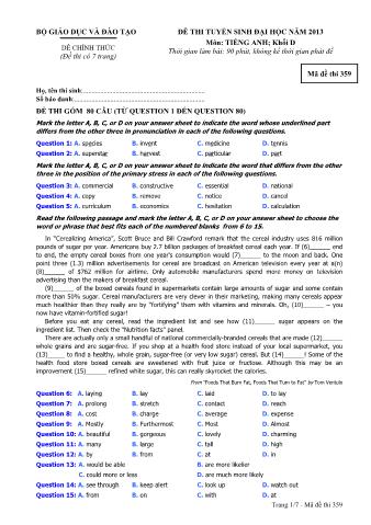 Đề thi tuyển sinh Đại học môn Tiếng Anh - Khối D - Mã đề: 359 - Năm học 2013 (Có đáp án)