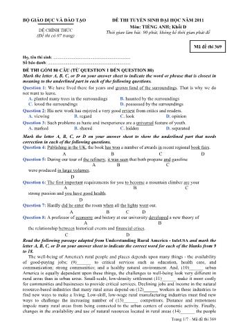 Đề thi tuyển sinh Đại học môn Tiếng Anh - Khối D - Mã đề: 369 - Năm học 2011 (Có đáp án)