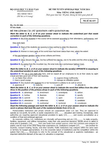 Đề thi tuyển sinh Đại học môn Tiếng Anh - Khối D - Mã đề: 419 - Năm học 2014 (Có đáp án)