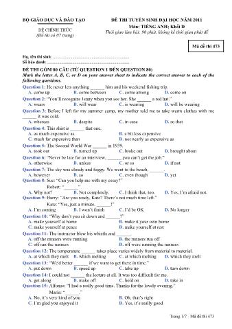 Đề thi tuyển sinh Đại học môn Tiếng Anh - Khối D - Mã đề: 473 - Năm học 2011 (Có đáp án)