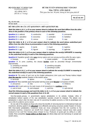 Đề thi tuyển sinh Đại học môn Tiếng Anh - Khối D - Mã đề: 491 - Năm học 2013 (Có đáp án)