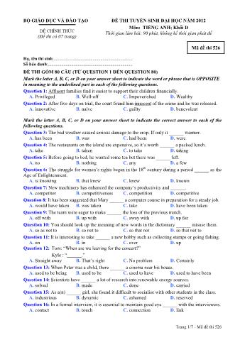 Đề thi tuyển sinh Đại học môn Tiếng Anh - Khối D - Mã đề: 526 - Năm học 2012 (Có đáp án)