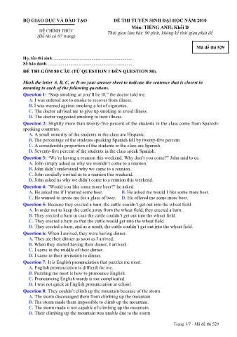 Đề thi tuyển sinh Đại học môn Tiếng Anh - Khối D - Mã đề: 529 - Năm học 2010 (Có đáp án)