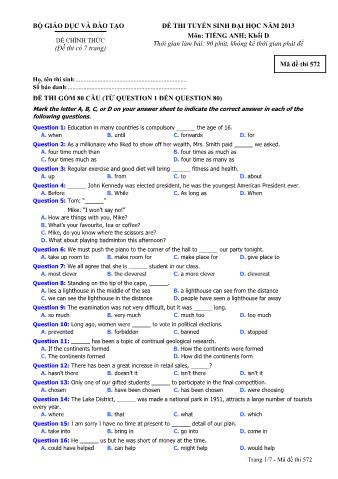 Đề thi tuyển sinh Đại học môn Tiếng Anh - Khối D - Mã đề: 572 - Năm học 2013 (Có đáp án)