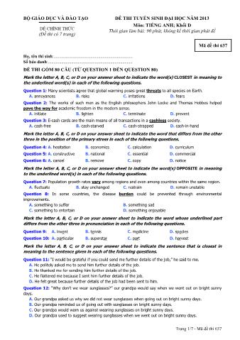 Đề thi tuyển sinh Đại học môn Tiếng Anh - Khối D - Mã đề: 637 - Năm học 2013 (Có đáp án)