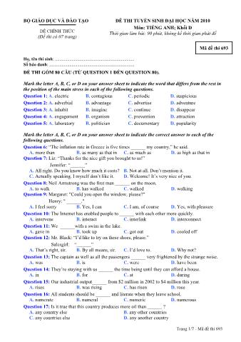 Đề thi tuyển sinh Đại học môn Tiếng Anh - Khối D - Mã đề: 693 - Năm học 2010 (Có đáp án)