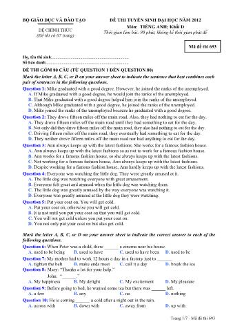 Đề thi tuyển sinh Đại học môn Tiếng Anh - Khối D - Mã đề: 693 - Năm học 2012 (Có đáp án)
