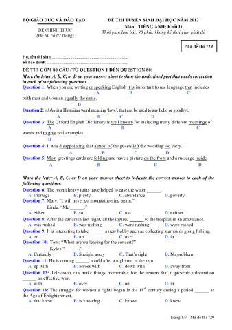 Đề thi tuyển sinh Đại học môn Tiếng Anh - Khối D - Mã đề: 729 - Năm học 2012 (Có đáp án)
