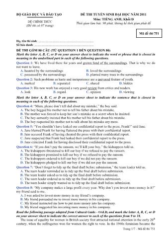 Đề thi tuyển sinh Đại học môn Tiếng Anh - Khối D - Mã đề: 751 - Năm học 2011 (Có đáp án)