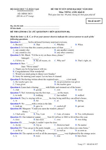 Đề thi tuyển sinh Đại học môn Tiếng Anh - Khối D - Mã đề: 857 - Năm học 2010 (Có đáp án)
