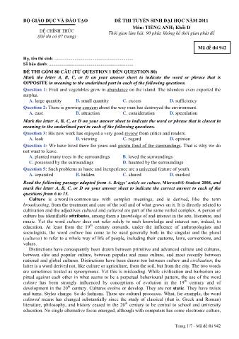 Đề thi tuyển sinh Đại học môn Tiếng Anh - Khối D - Mã đề: 942 - Năm học 2011 (Có đáp án)