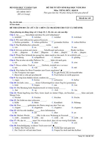 Đề thi tuyển sinh Đại học môn Tiếng Đức - Khối D - Mã đề: 149 - Năm học 2014 (Có đáp án)