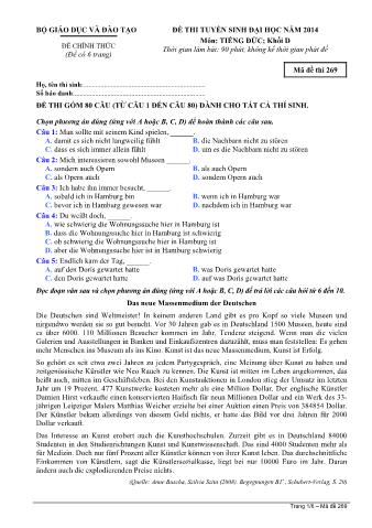 Đề thi tuyển sinh Đại học môn Tiếng Đức - Khối D - Mã đề: 269 - Năm học 2014 (Có đáp án)