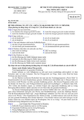 Đề thi tuyển sinh Đại học môn Tiếng Đức - Khối D - Mã đề: 275 - Năm học 2010 (Có đáp án)