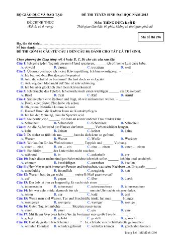 Đề thi tuyển sinh Đại học môn Tiếng Đức - Khối D - Mã đề: 296 - Năm học 2013 (Có đáp án)