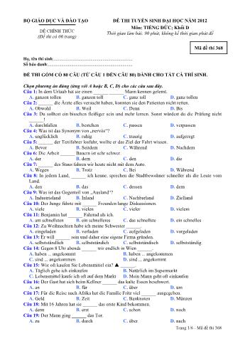 Đề thi tuyển sinh Đại học môn Tiếng Đức - Khối D - Mã đề: 368 - Năm học 2012 (Có đáp án)