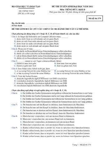 Đề thi tuyển sinh Đại học môn Tiếng Đức - Khối D - Mã đề: 379 - Năm học 2011 (Có đáp án)