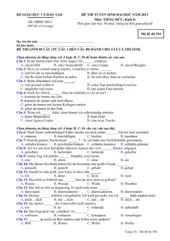 Đề thi tuyển sinh Đại học môn Tiếng Đức - Khối D - Mã đề: 394 - Năm học 2013 (Có đáp án)