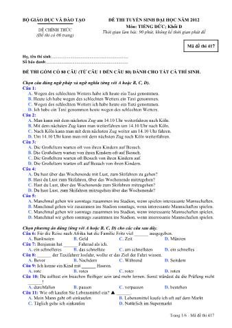 Đề thi tuyển sinh Đại học môn Tiếng Đức - Khối D - Mã đề: 417 - Năm học 2012 (Có đáp án)