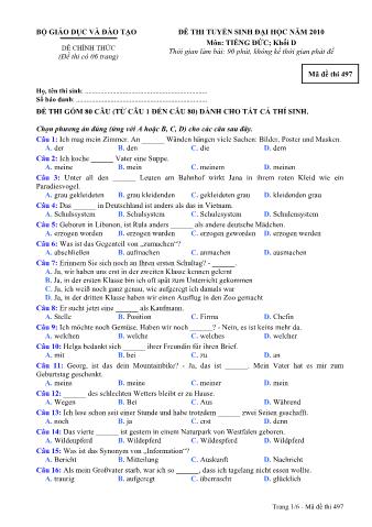 Đề thi tuyển sinh Đại học môn Tiếng Đức - Khối D - Mã đề: 497 - Năm học 2010 (Có đáp án)