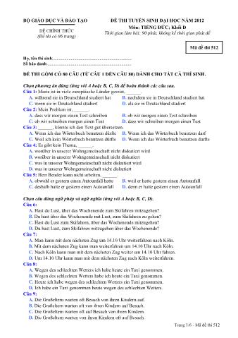 Đề thi tuyển sinh Đại học môn Tiếng Đức - Khối D - Mã đề: 512 - Năm học 2012 (Có đáp án)