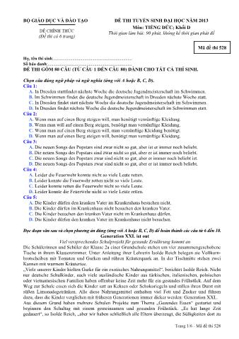 Đề thi tuyển sinh Đại học môn Tiếng Đức - Khối D - Mã đề: 528 - Năm học 2013 (Có đáp án)