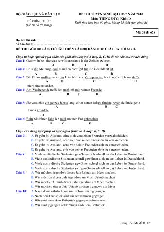 Đề thi tuyển sinh Đại học môn Tiếng Đức - Khối D - Mã đề: 628 - Năm học 2010 (Có đáp án)