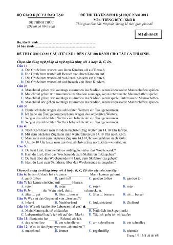 Đề thi tuyển sinh Đại học môn Tiếng Đức - Khối D - Mã đề: 631 - Năm học 2012 (Có đáp án)