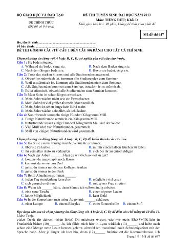 Đề thi tuyển sinh Đại học môn Tiếng Đức - Khối D - Mã đề: 647 - Năm học 2013 (Có đáp án)