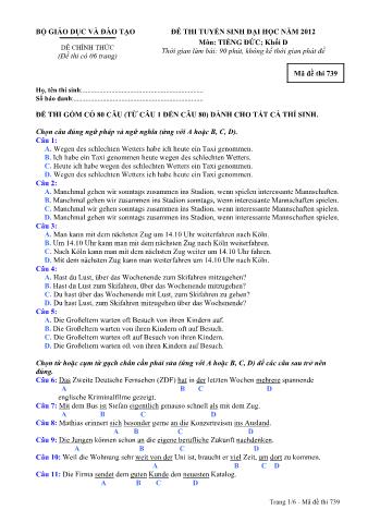 Đề thi tuyển sinh Đại học môn Tiếng Đức - Khối D - Mã đề: 739 - Năm học 2012 (Có đáp án)