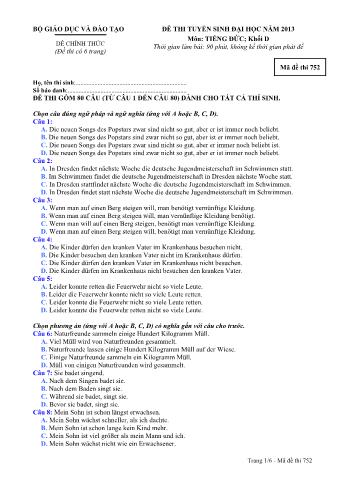 Đề thi tuyển sinh Đại học môn Tiếng Đức - Khối D - Mã đề: 752 - Năm học 2013 (Có đáp án)