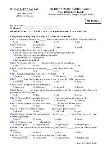 Đề thi tuyển sinh Đại học môn Tiếng Đức - Khối D - Mã đề: 816 - Năm học 2010 (Có đáp án)